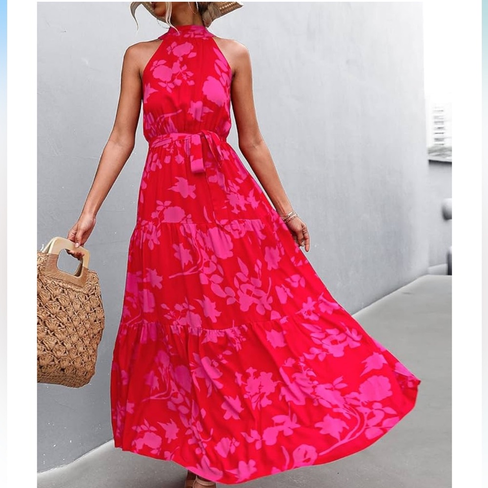 Women's Floral Halter Maxi Dress Multicolor Size M Summer Casual